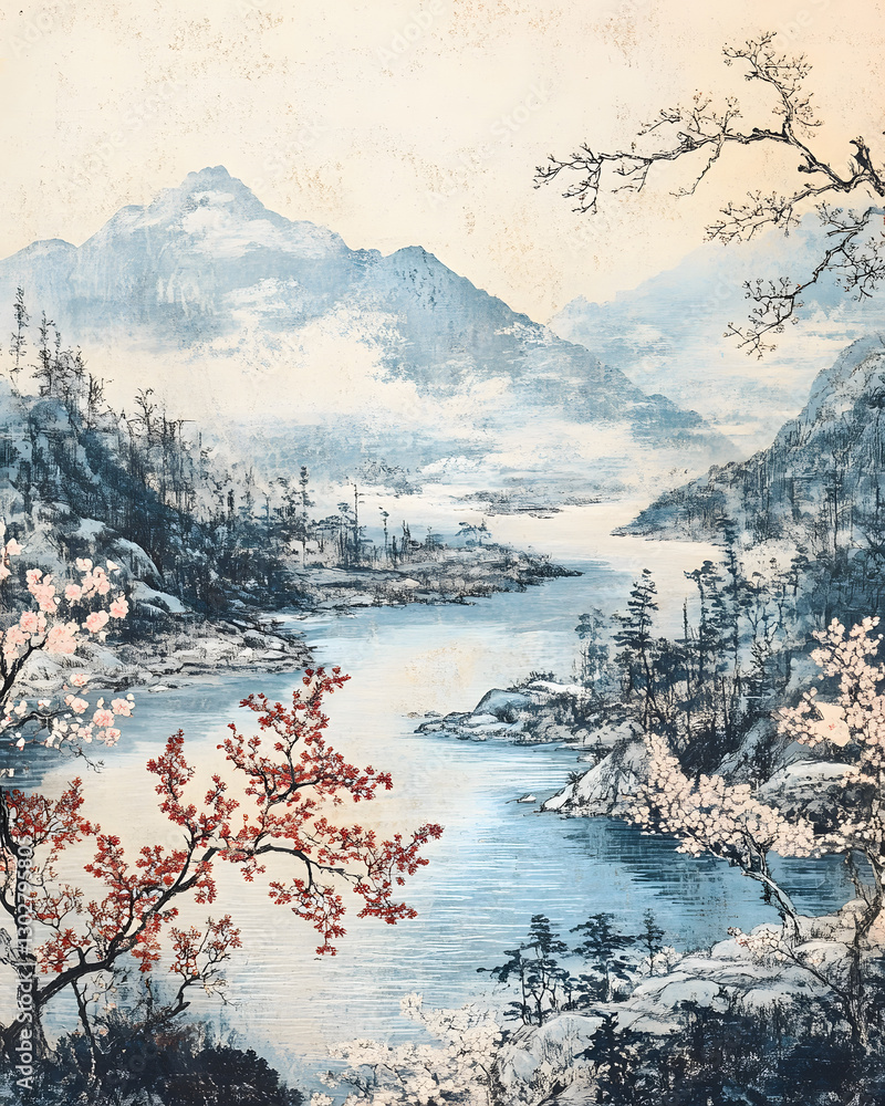 Traditional Chinese Landscape Painting with Mountains, River, and Blossoming Trees Traditional Chinese Landscape Painting with Mountains, River, and Blossoming Trees