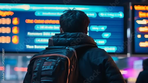 A traveler with a backpack observes departure information on a digital display at an airport at night