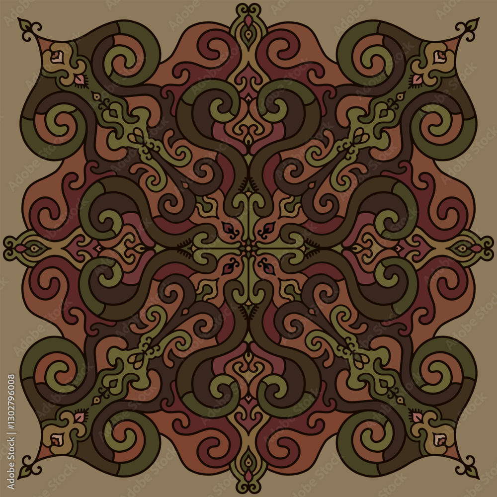 Vector illustration of a symmetrical ethnic composition with traditional nomadic ornaments Vector illustration of a symmetrical ethnic composition with traditional nomadic ornaments
