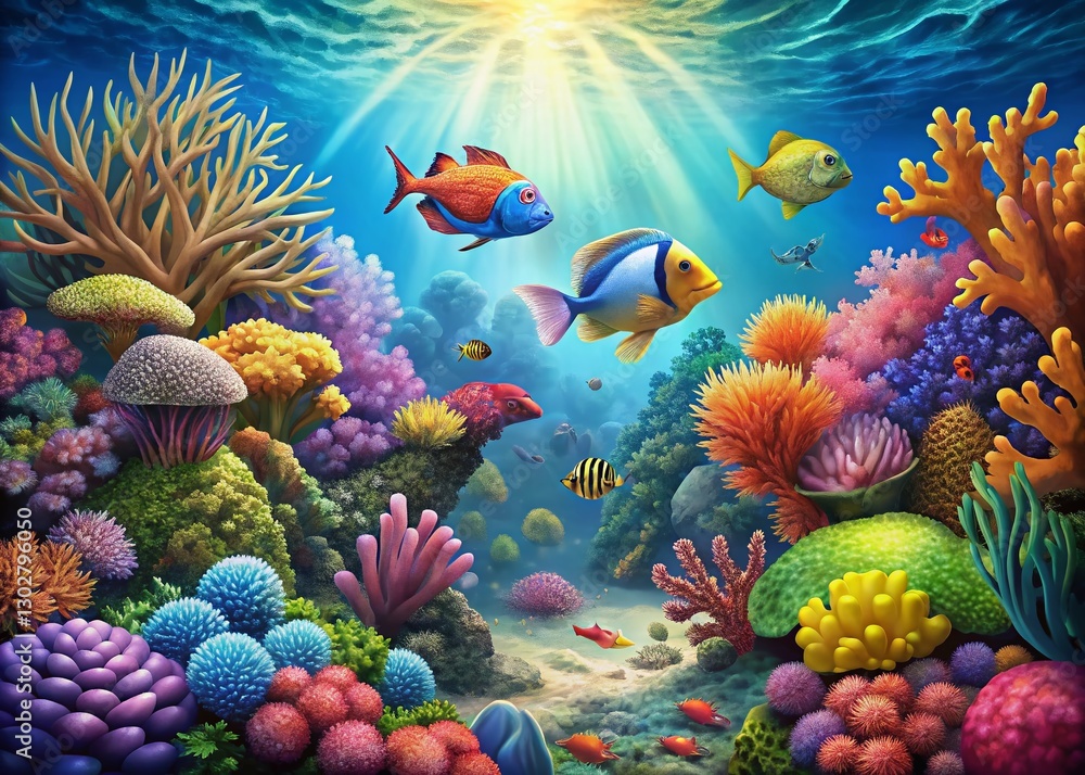 Vibrant 3D Cartoon Underwater Reef Scene with Tropical Fish and Coral - Stock Photo Vibrant 3D Cartoon Underwater Reef Scene with Tropical Fish and Coral - Stock Photo