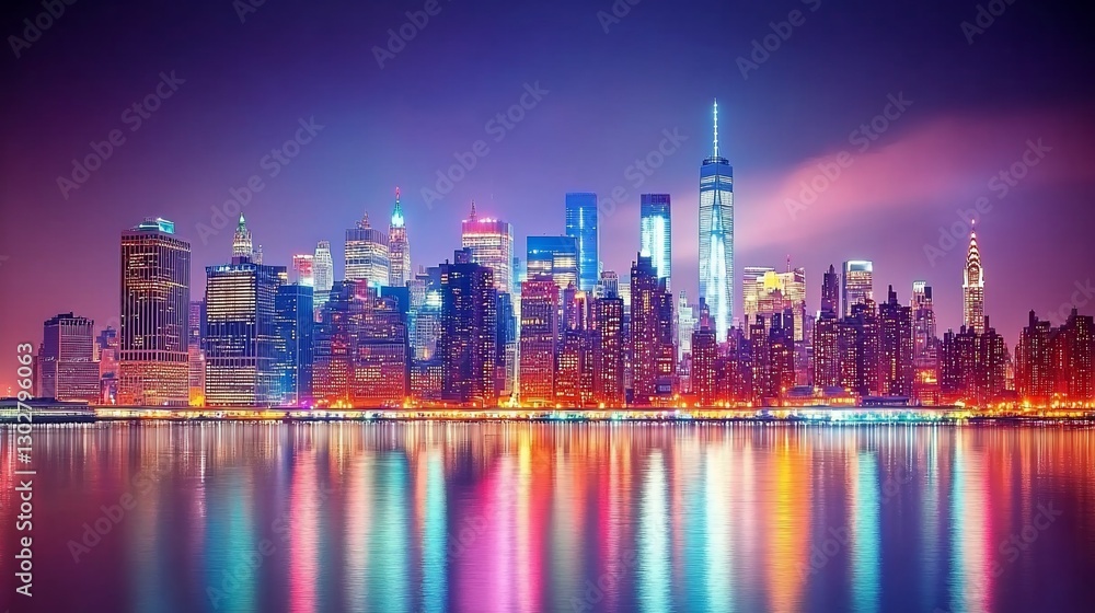 Fototapeta premium Vibrant cityscape skyline at night with reflections over the water, showcasing an urban environment