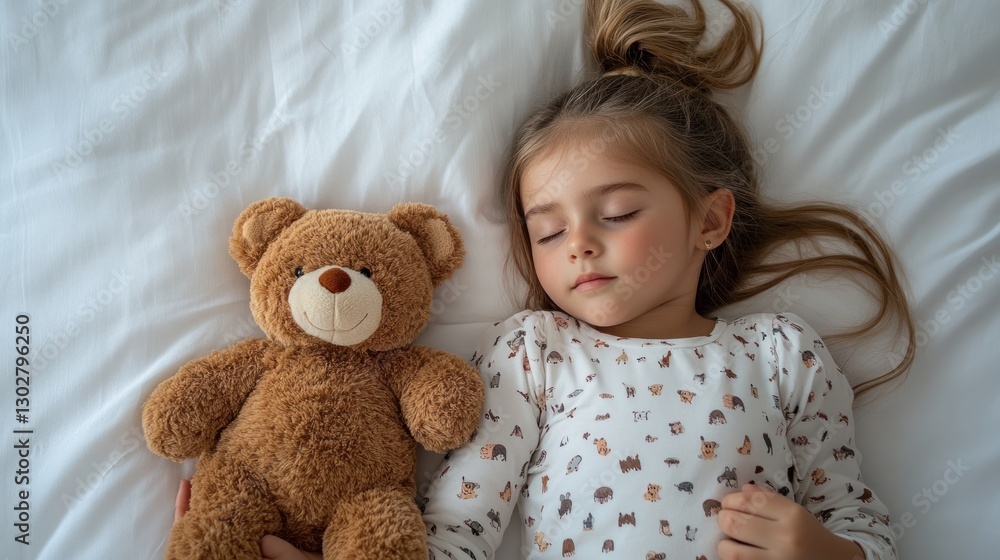 A little girl sleeping in bed soundly with her teddy bear while wearing a blanket, hugging it tightly and looking peaceful while in dreamland with a white background of her room A little girl sleeping in bed soundly with her teddy bear while wearing a blanket, hugging it tightly and looking peaceful while in dreamland with a white background of her room