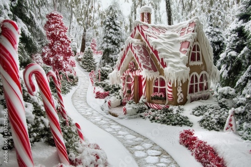 Festive Gingerbread Cabins Nestled in a Whimsical Candy Cane Woodland