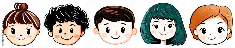 Set of five cute hand-drawn cartoon faces of boys and girls with different hairstyles, isolated on a transparent background. Perfect for avatars, stickers, digital art, and design projects. Set of five cute hand-drawn cartoon faces of boys and girls with different hairstyles, isolated on a transparent background. Perfect for avatars, stickers, digital art, and design projects.
