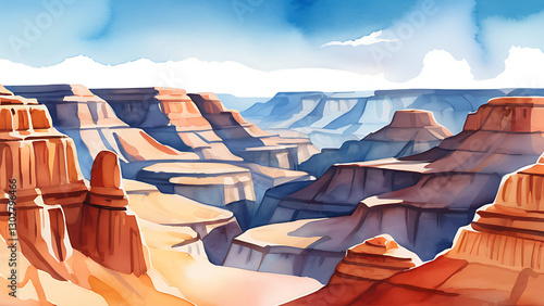 Watercolor Painting of Grand Canyon Landscape with Blue Sky Layers