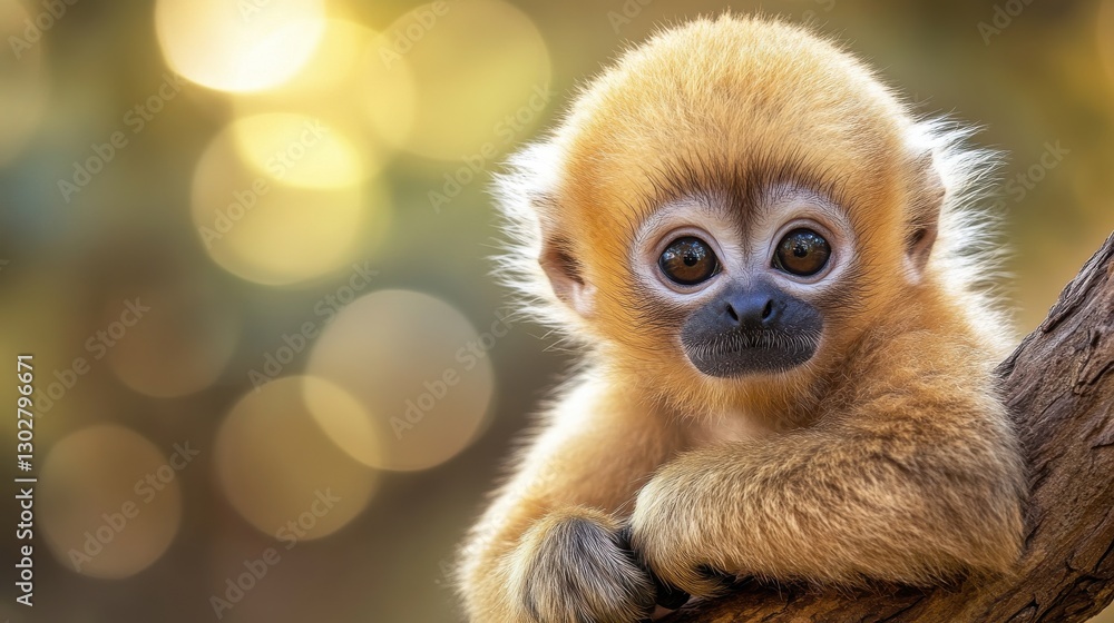 Fototapeta premium Cute Baby Monkey Sitting on Tree Branch with Blurred Background