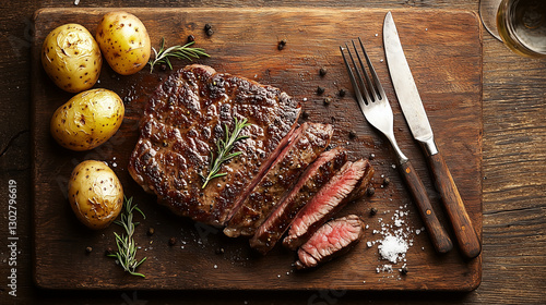 Medium Rare Steak, Rosemary, Salt, Pepper And Baked Potatoes On Chopping Board