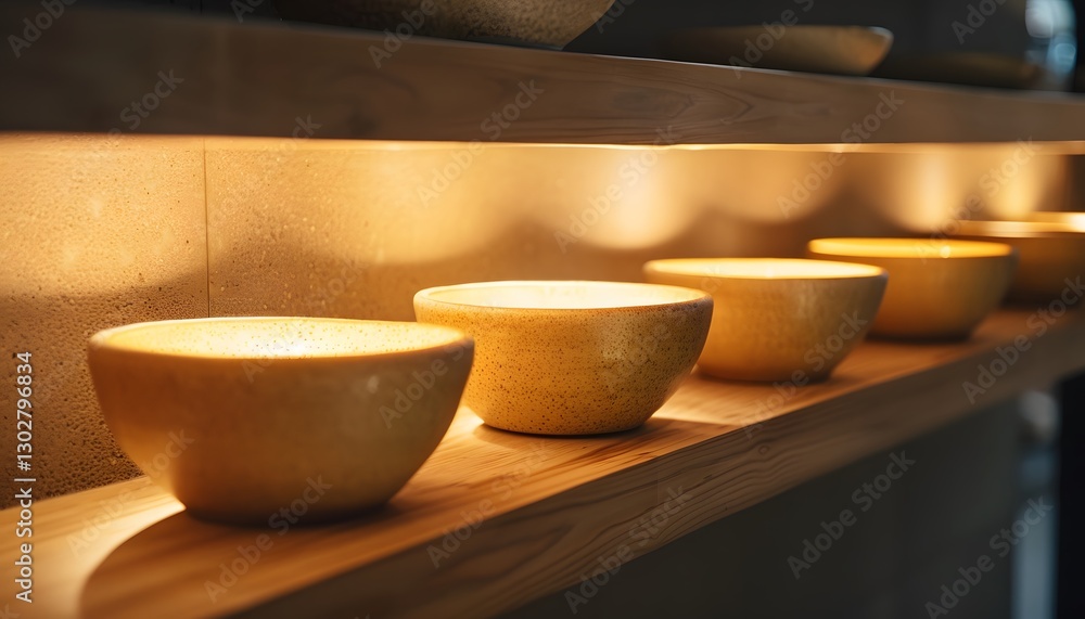Close-up of glowing ceramic bowls arranged on a handcrafted wooden shelf, cinematic cultural elegance Close-up of glowing ceramic bowls arranged on a handcrafted wooden shelf, cinematic cultural elegance