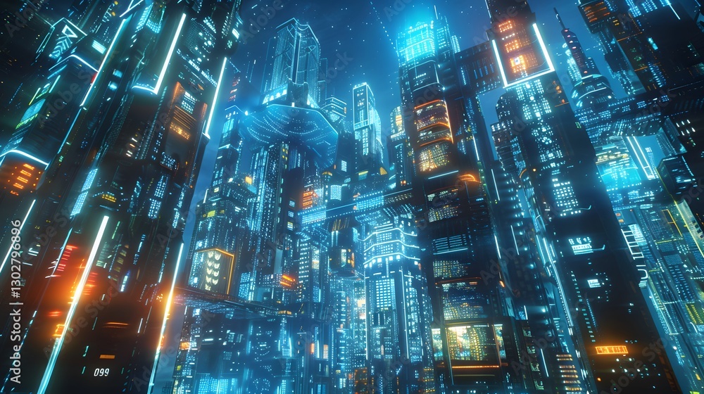 Low-angle shot of glowing futuristic towers surrounded by dynamic holographic displays, cinematic sci-fi vibrancy Low-angle shot of glowing futuristic towers surrounded by dynamic holographic displays, cinematic sci-fi vibrancy