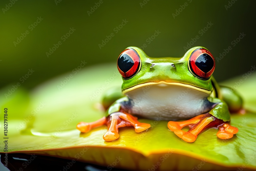 Obraz premium Colorful Red-Eyed Tree Frog Resting on a Leaf in Nature Setting