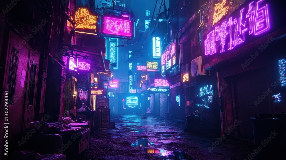 Neon-lit alleyway at night featuring vibrant signs, puddles reflecting light, and urban decay Neon-lit alleyway at night featuring vibrant signs, puddles reflecting light, and urban decay