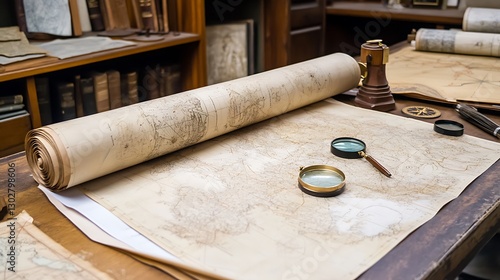 Antique Maps and Tools on Wooden Desk