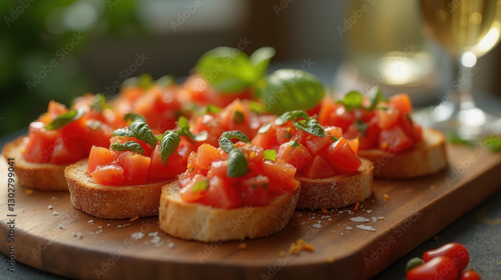 Delicious bruschetta garnished with fresh tomatoes and basil rests on a wooden board. A warm atmosphere surrounds the rustic dining space, inviting enjoyment Delicious bruschetta garnished with fresh tomatoes and basil rests on a wooden board. A warm atmosphere surrounds the rustic dining space, inviting enjoyment
