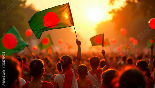 A vibrant scene of the Independence Day celebrations in Bangladesh. The sky is filled with green and red balloons, and children are holding the national flag
