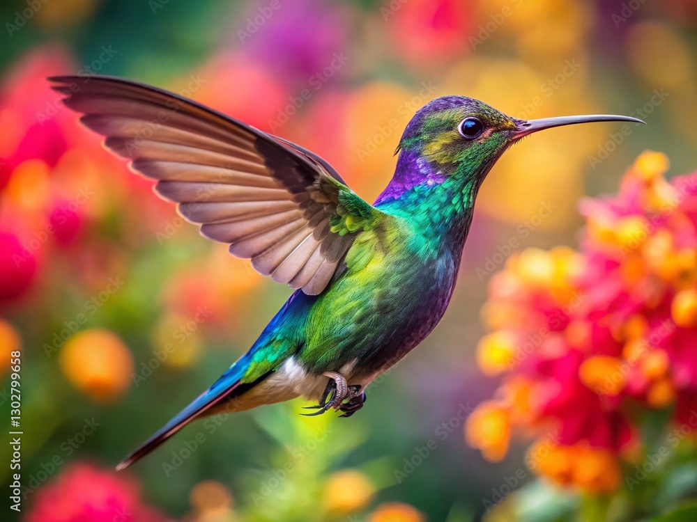 Fototapeta premium Vibrant Hummingbird in Flight, Bokeh Background, Nature Photography