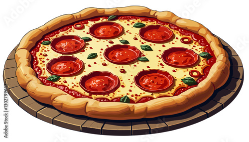 Tasty pepperoni pizza illustration on a wooden board.