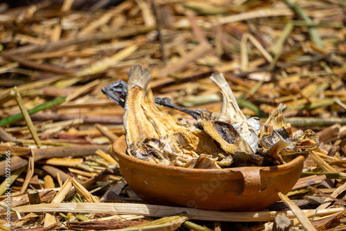 Fototapeta Naklejka Na Ścianę i Meble -  Traditional Dried Fish in a Handmade Ceramic Vessel on Totora Reeds at Uros Islands in Lake Titicaca Peru Showcasing Andean Culture
