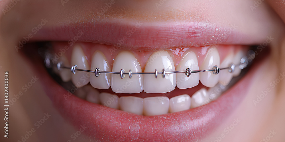 Fototapeta premium Close-up of a smiling mouth with braces on straight white teeth, highlighting dental care and orthodontic treatment