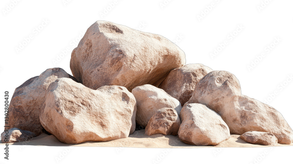 Natural rock formation, large beige stones piled together, ideal for landscaping or garden decoration, textured surfaces. Isolated on white background or PNG Natural rock formation, large beige stones piled together, ideal for landscaping or garden decoration, textured surfaces. Isolated on white background or PNG