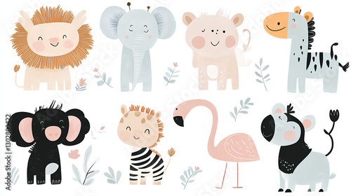 A cute and colorful illustrated set featuring jungle animals such as lions, zebras, flamingos, and elephants, surrounded by tropical leaves and playful elements