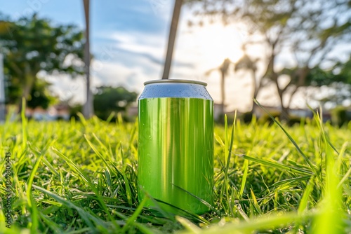 Green can in grassy park, sunny day, outdoor product display