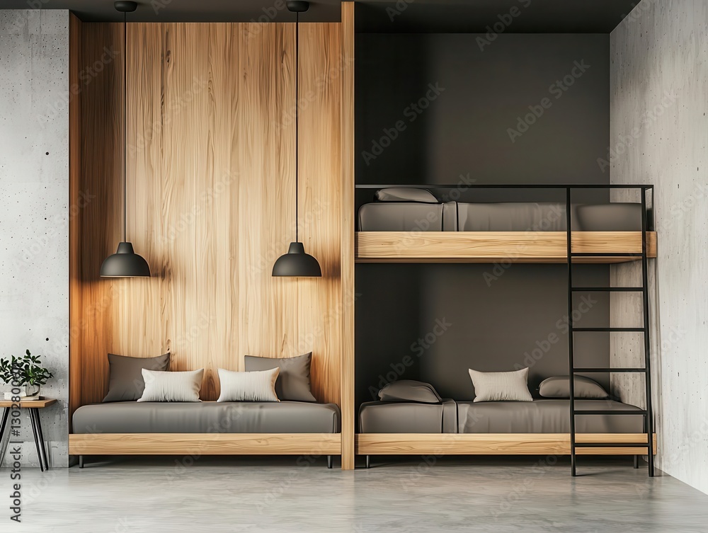 Fototapeta premium Dormitory with industrial loftstyle architecture and exposed concrete, Real Estate Dormitory Architecture, urban modern living