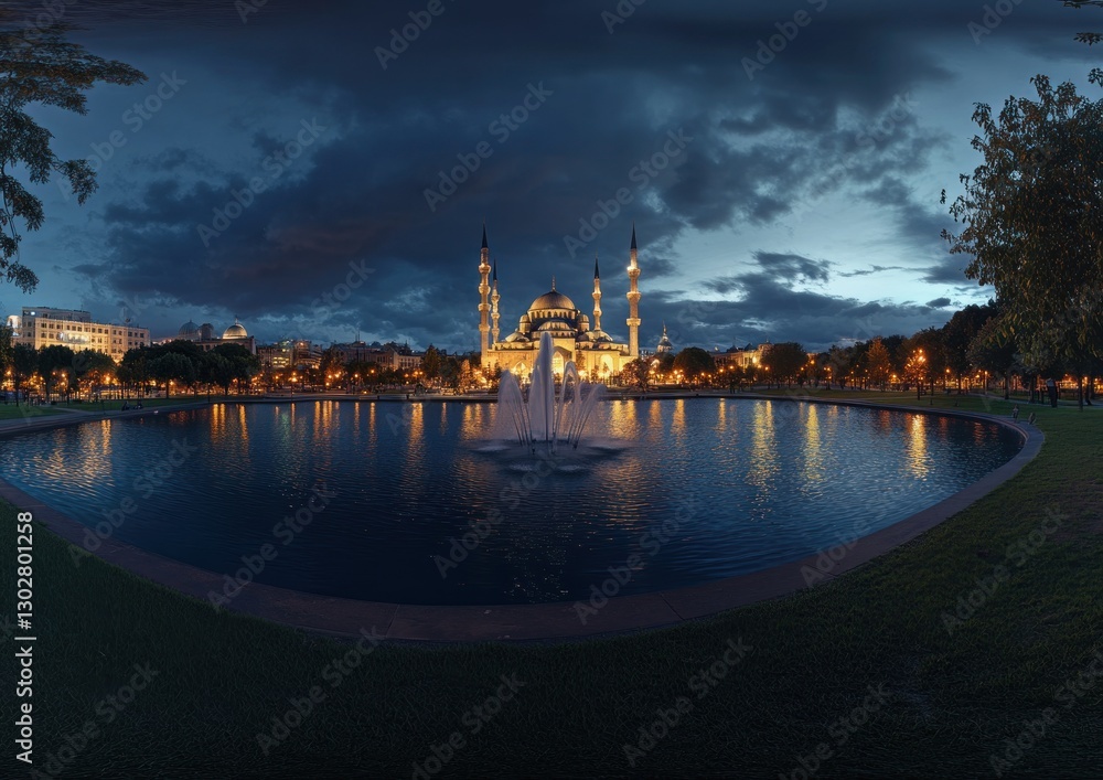 Obraz premium Night view of a mosque with fountain and pond.