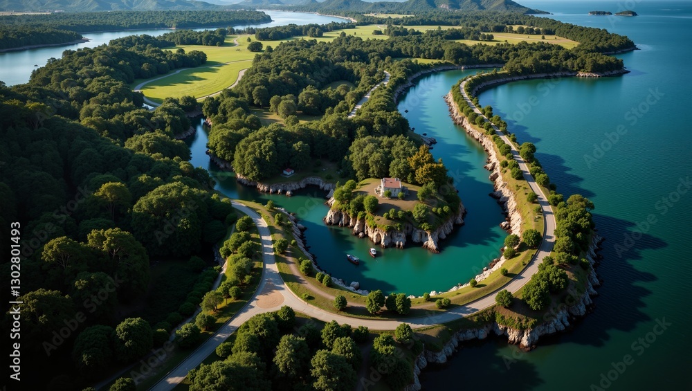 Aerial view of Uruguayan River Bend featuring lush greenery, winding waterways, and scenic pathways. Concept focuses on Uruguayan River Bend showcasing nature's beauty and serenity Aerial view of Uruguayan River Bend featuring lush greenery, winding waterways, and scenic pathways. Concept focuses on Uruguayan River Bend showcasing nature's beauty and serenity