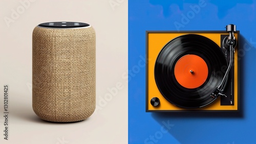 A modern speaker and a classic record player side by side, showcasing the blend of contemporary and retro music technology. old vs new generation, sound evolution photo