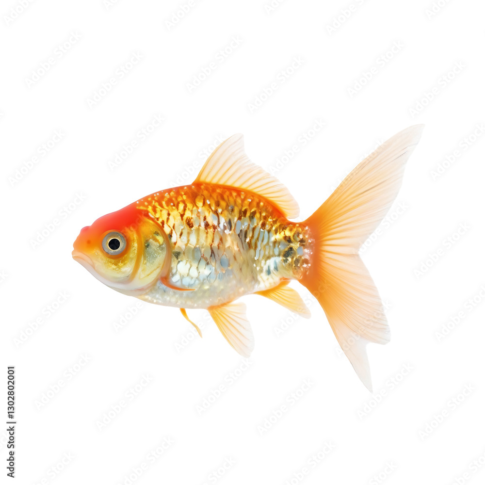 A Graceful Goldfish Swimming Isolated on a White Background, Showcasing Its Beautiful Fins A Graceful Goldfish Swimming Isolated on a White Background, Showcasing Its Beautiful Fins