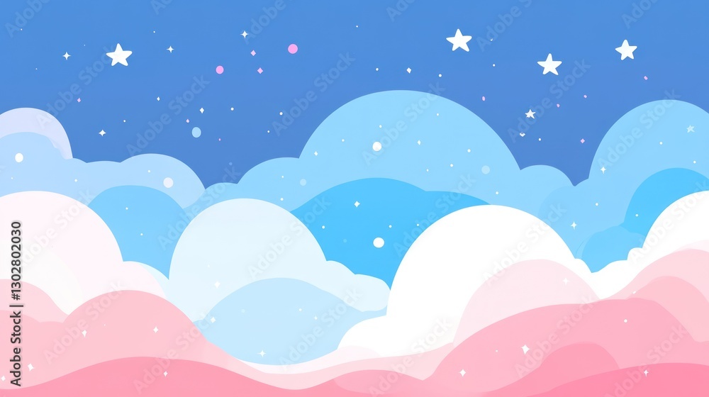 Naklejka premium Cartoon Sky with Clouds and Stars, Dreamy Night Illustration
