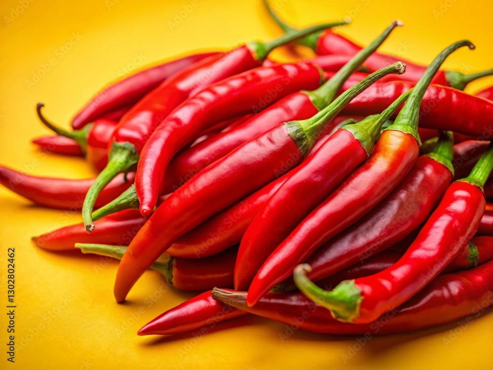 Vibrant Red Chili Peppers Isolated on Yellow Background - Spicy Food Stock Photo Vibrant Red Chili Peppers Isolated on Yellow Background - Spicy Food Stock Photo