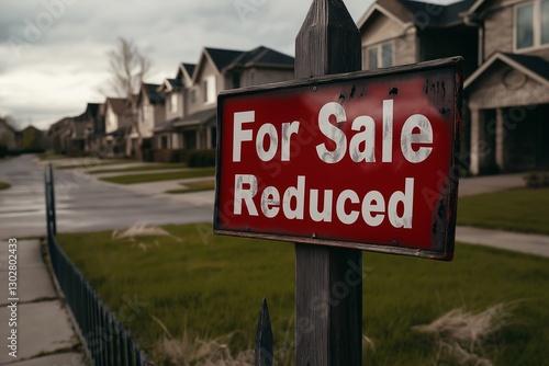 Reduced Price Home: For Sale Sign in Suburban Neighborhood