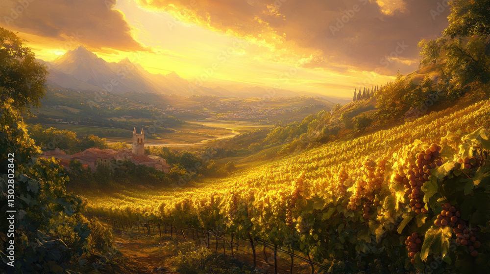 Naklejka premium Picturesque Vineyard Landscape at Sunset: Scenic Views of Rolling Hills and Ripe Grapes in Wine Country