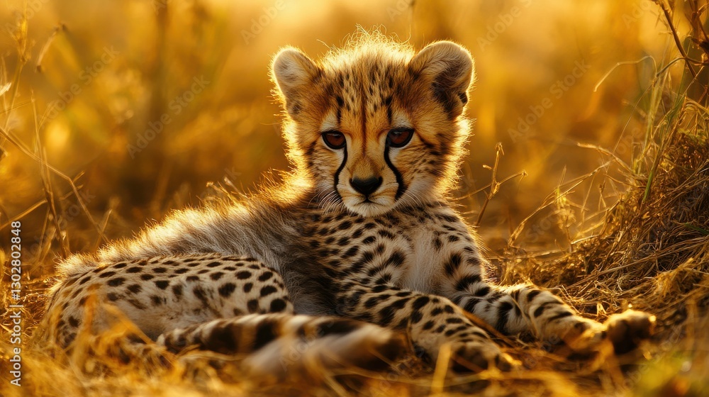 Obraz premium Cheetah Cub Relaxing in Warm Sunset Light Under Golden Grasses
