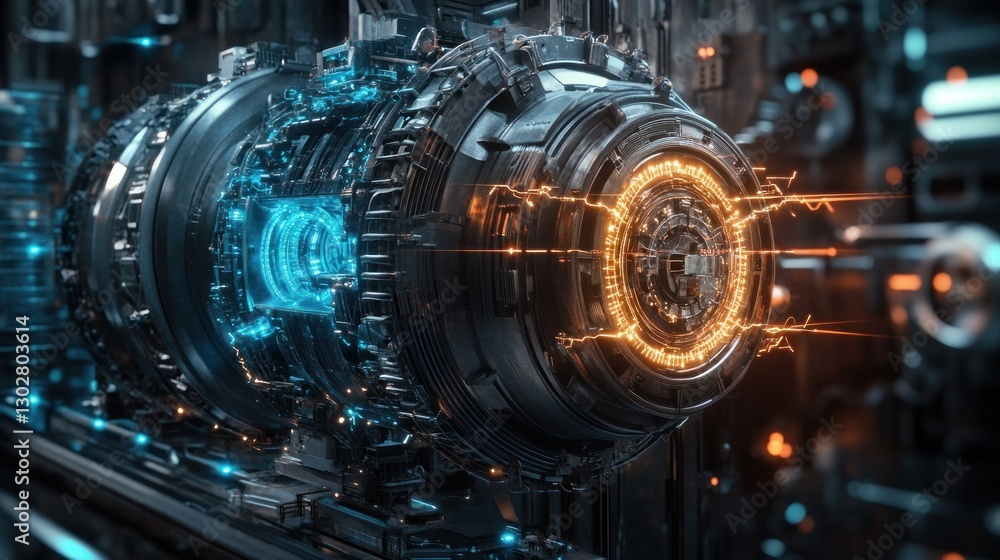 Futuristic energy core with glowing elements, set in a high-tech industrial environment