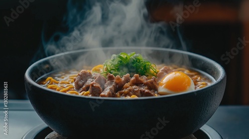 Bowl of steaming ramen with pork, egg, and scallions for savory delight