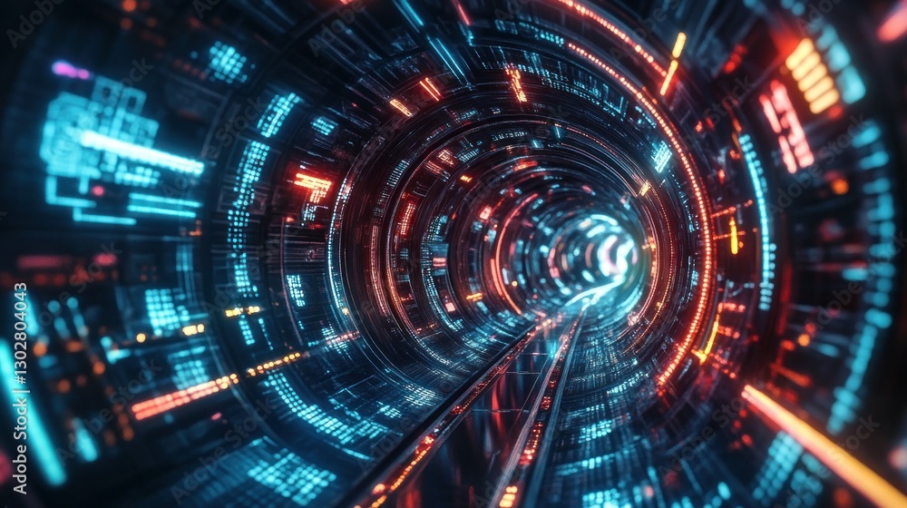 Obraz premium Futuristic digital tunnel with glowing data streams and vibrant lights, creating a sense of speed