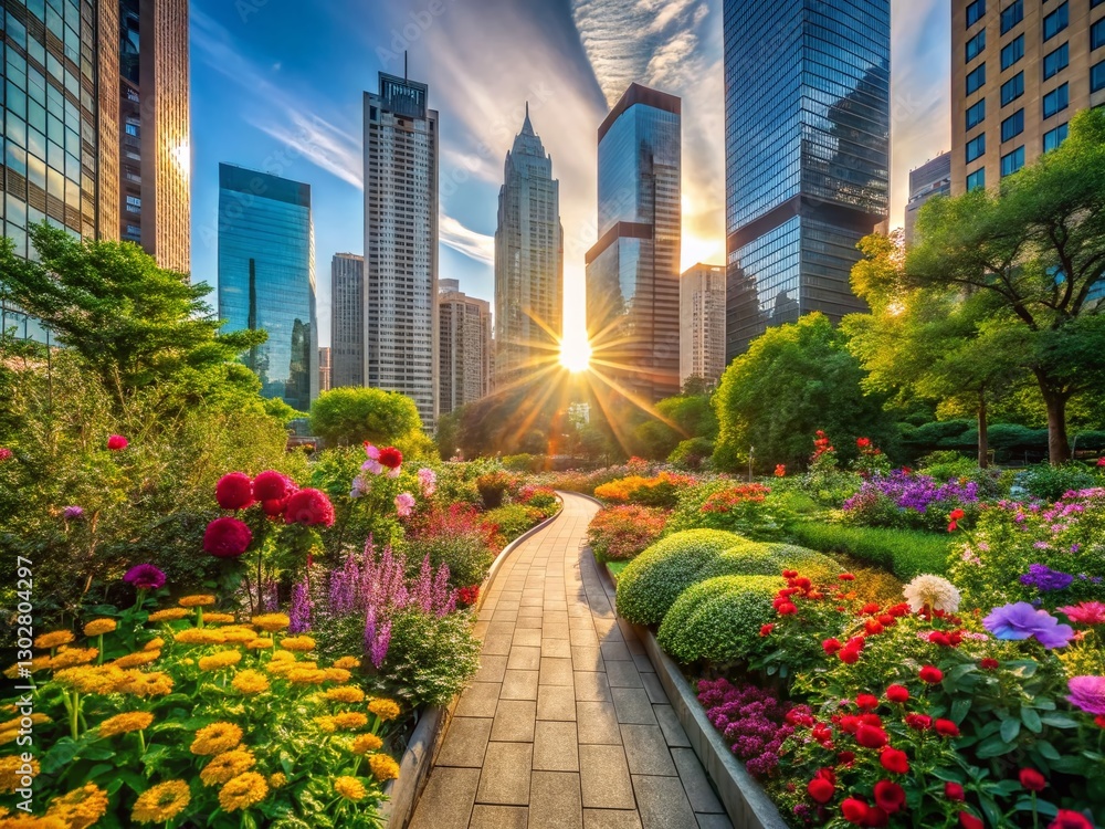 Fototapeta premium Vibrant Urban Oasis: Flower-Lined Pathway Amidst Skyscrapers