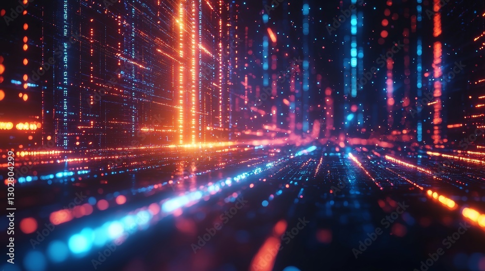 Fototapeta premium Abstract Digital Data Stream Neon Lights Futuristic Technology Background