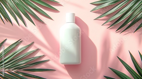 White bottle on pink surface surrounded by green leaves with sunlight shadows, overhead view