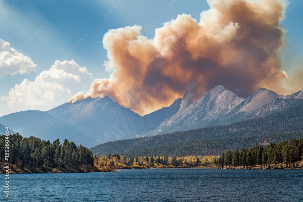 Fototapeta premium Dramatic Smoke Plume Rising from Wildfire in Lake County, Colorado, Framed by Majestic Rocky Mountain Peaks