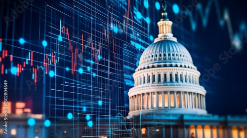 financial data, government building. A digital rendition of the U.S. Capitol building with stock market graphs in the background, symbolizing the intersection of politics and finance.