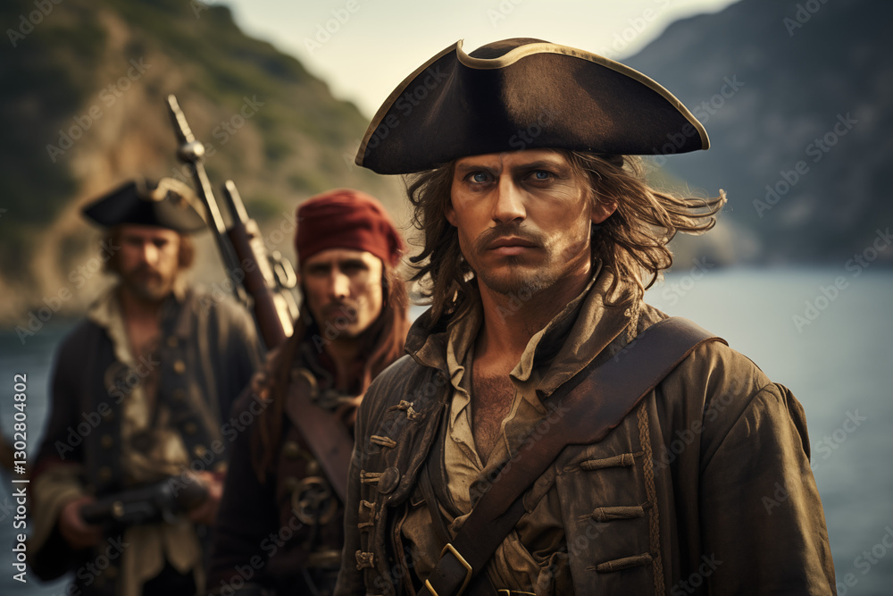 Fototapeta premium Man Pirate. Explore the High Seas, Pirate Flag, and Buccaneer Spirit on a Mysterious Island with Gold, Swords, and Swashbuckling Fun