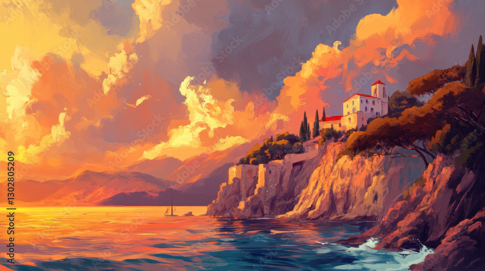 Fototapeta premium Scenic Mediterranean Sunset: Captivating Coastal Nature with Ethereal Light in a Picturesque Summer Seascape