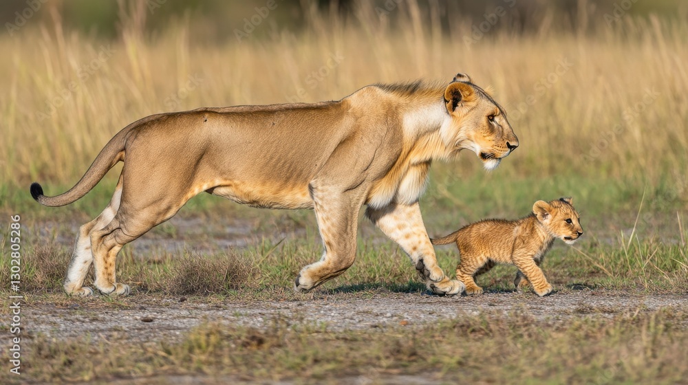 Lioness and Cub Walking Through Golden Grasslands of Africa Lioness and Cub Walking Through Golden Grasslands of Africa