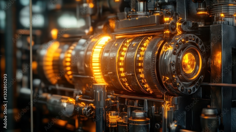 Fototapeta premium Close-up of a futuristic industrial machine with glowing elements in a high-tech environment