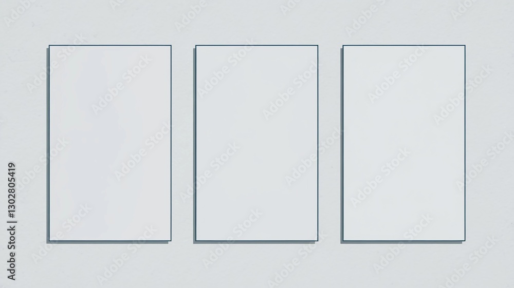 Three blank rectangular frames on a white wall, ready for artwork or prints Three blank rectangular frames on a white wall, ready for artwork or prints