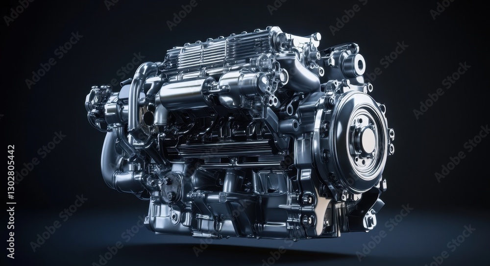 Detailed Diesel Motor Component. Classic Truck Engine Fragment on Metallic Background with Space for Text Detailed Diesel Motor Component. Classic Truck Engine Fragment on Metallic Background with Space for Text
