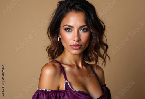 Wallpaper Mural Elegant woman in purple evening dress with wavy hair for luxury fashion blogs, formal event marketing, beauty campaigns, and wedding guest inspiration Torontodigital.ca